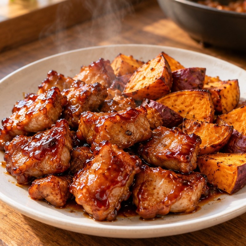 フライパン1つ15分。豚こまとさつまいものケチャップ照り焼きのレシピ画像
