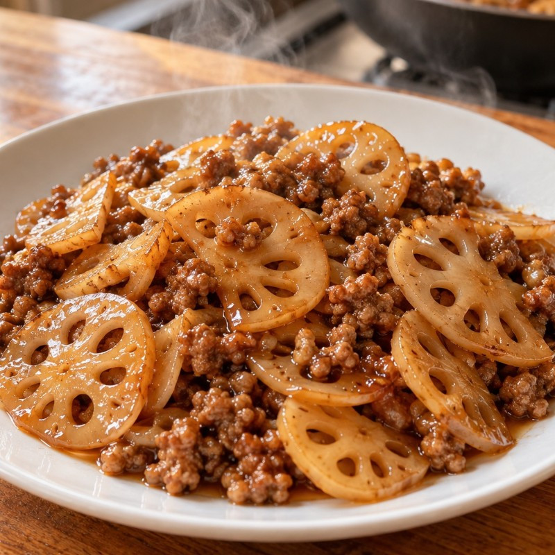 フライパン1つ10分。れんこんと豚ひき肉の甘酢あんかけのレシピ画像