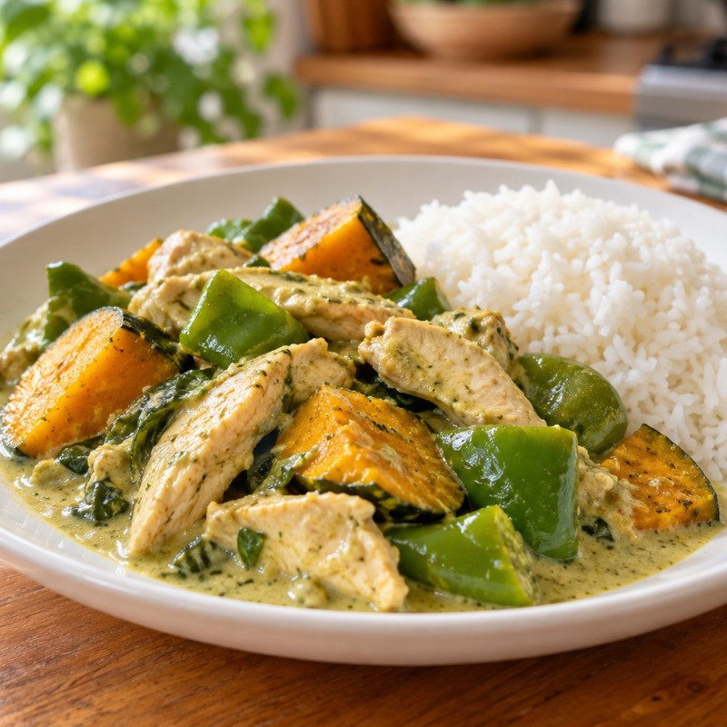 フライパン1つ15分。鶏むね肉とかぼちゃのグリーンカレー風炒めのレシピ画像