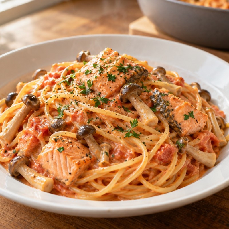 フライパン1つ15分。秋鮭ときのこのトマトクリームパスタのレシピ画像