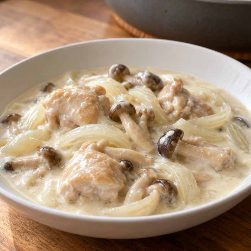 フライパン1つ15分。鶏もも肉ときのこの白ワイン風クリーム煮のレシピ画像