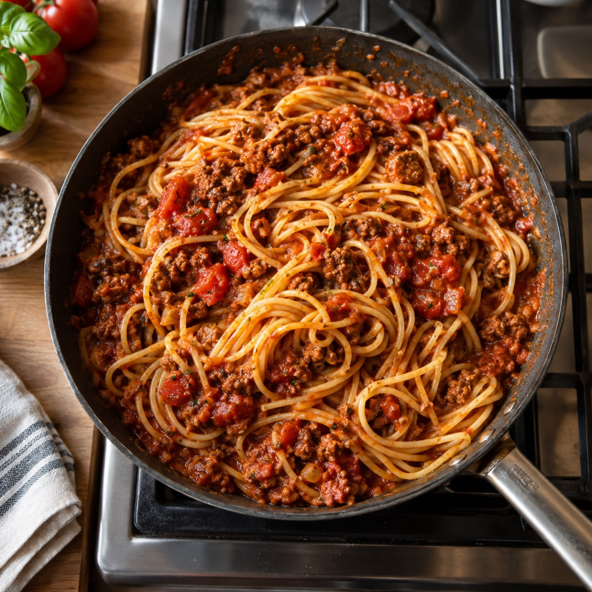 とろとろなすが決め手。ひき肉のボロネーゼ風パスタの作り方ステップ5
