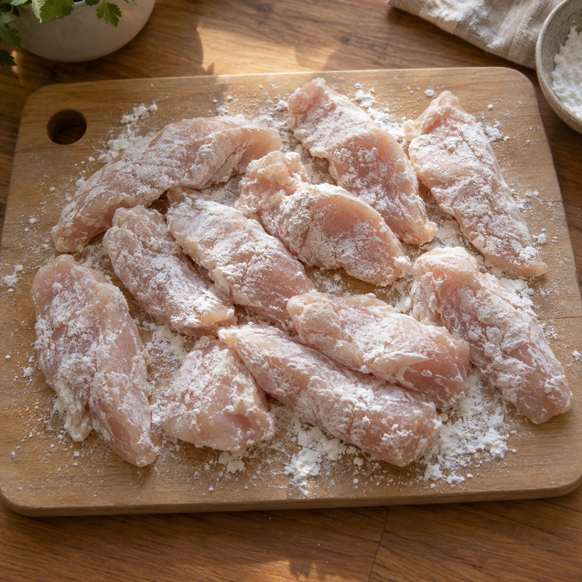 片栗粉をまぶすだけ。鶏むねとさつまいもの甘酢炒めの作り方ステップ2