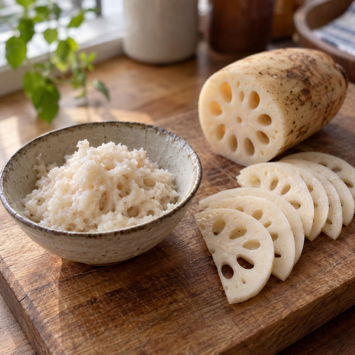 れんこん半分だけすりおろし。もちもち鶏だんご中華スープの作り方ステップ1