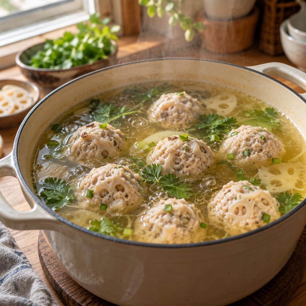 れんこん半分だけすりおろし。もちもち鶏だんご中華スープの作り方ステップ4