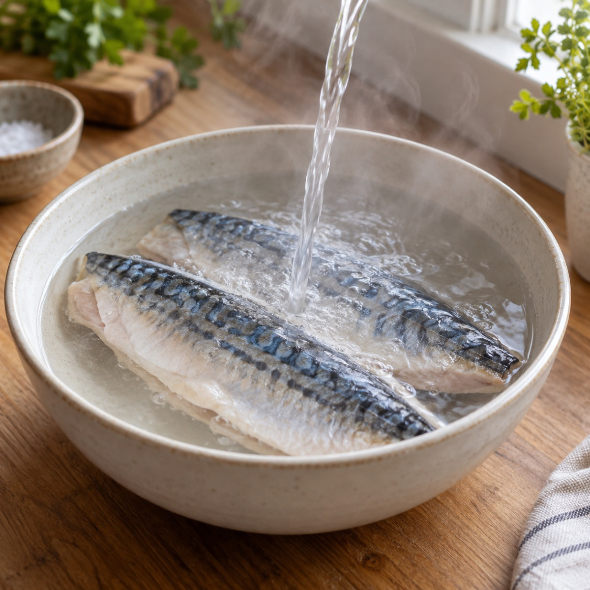 霜降りで臭み消し。鯖ときのこの20分みそ煮の作り方ステップ1
