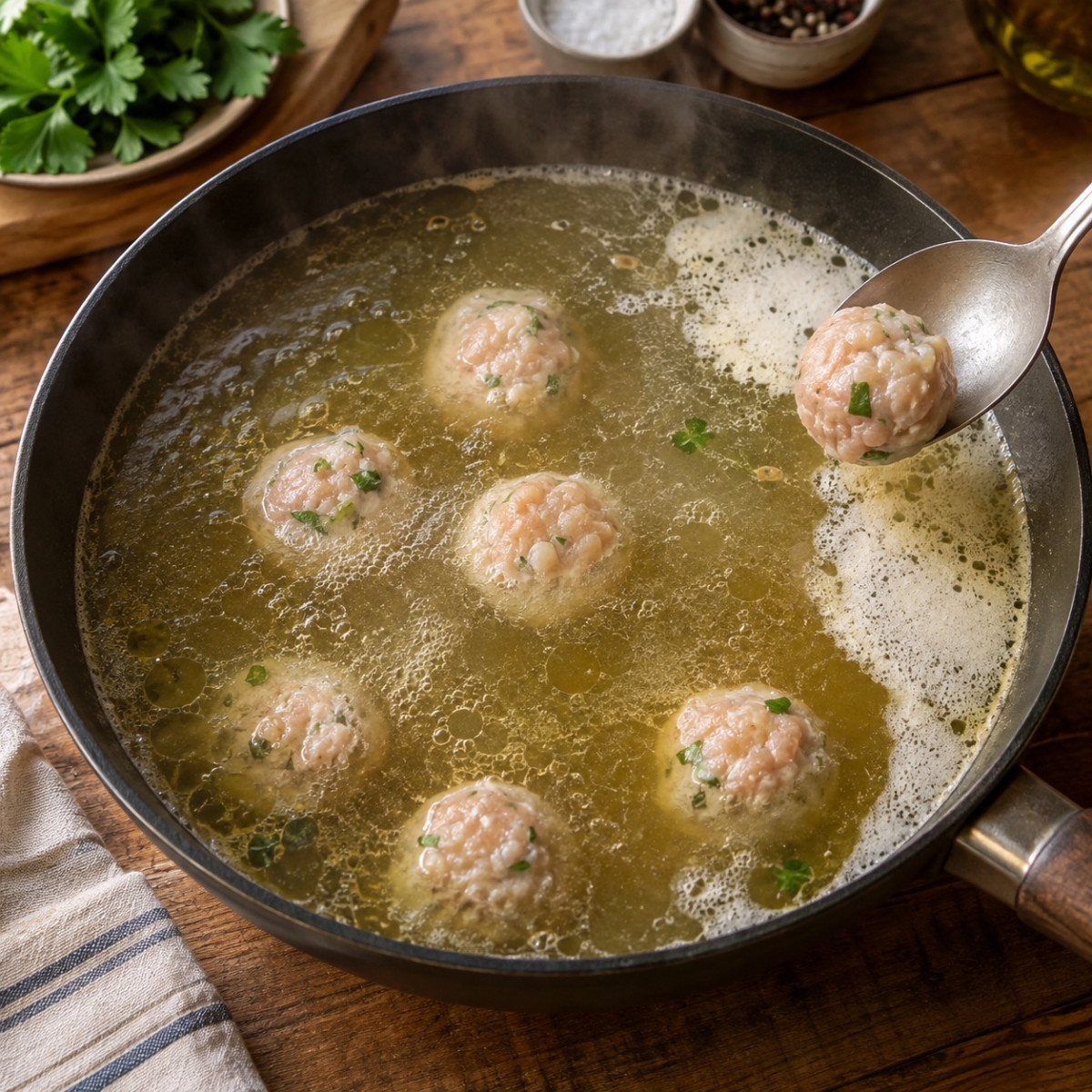 煮込み7分、フライパン1つ。白菜と鶏だんごのしょうがスープの作り方ステップ3