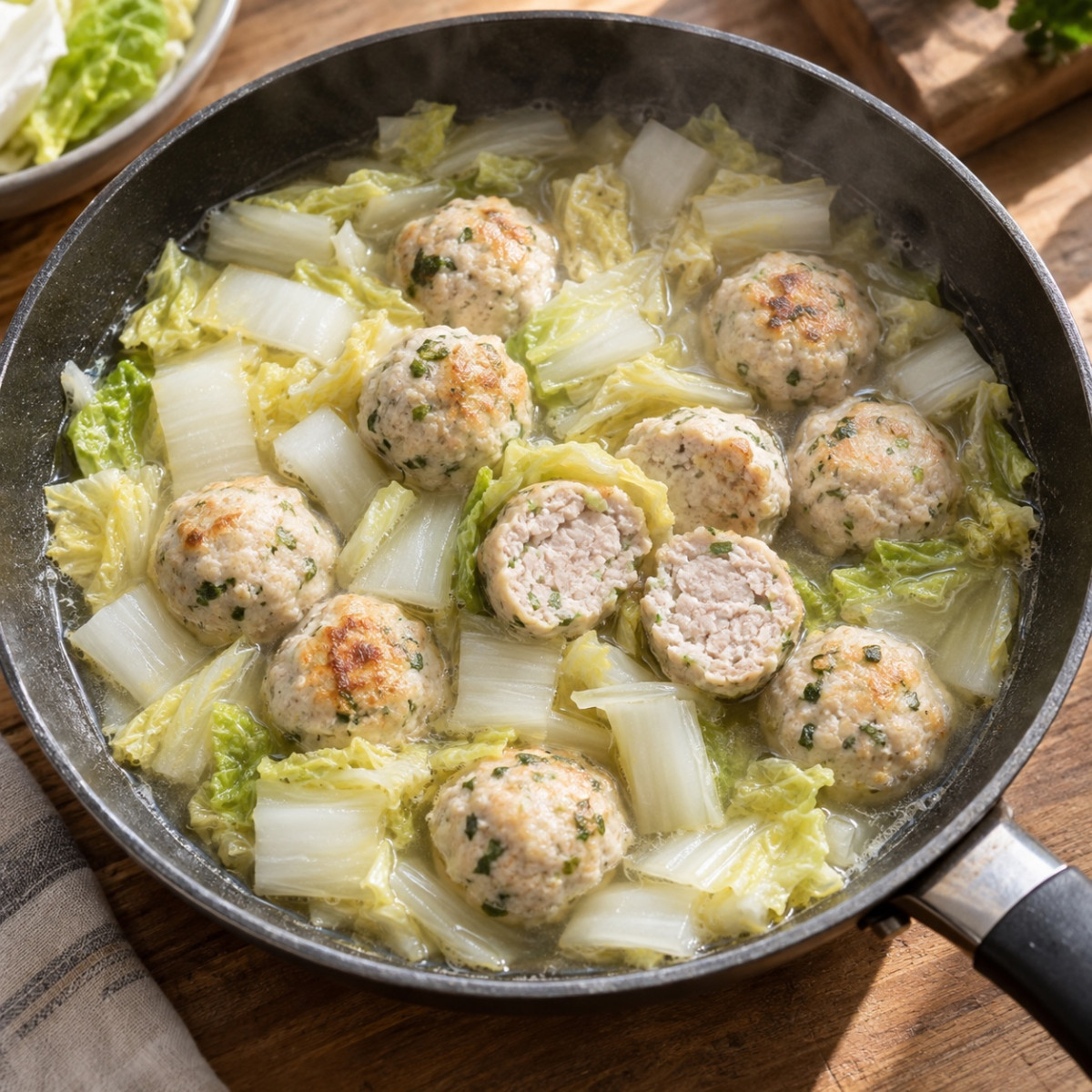 煮込み7分、フライパン1つ。白菜と鶏だんごのしょうがスープの作り方ステップ4
