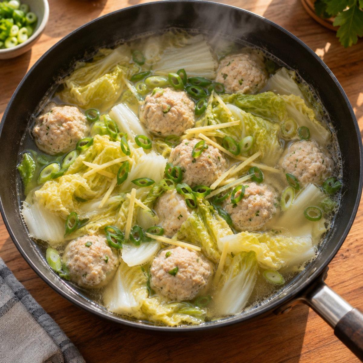 煮込み7分、フライパン1つ。白菜と鶏だんごのしょうがスープの作り方ステップ5