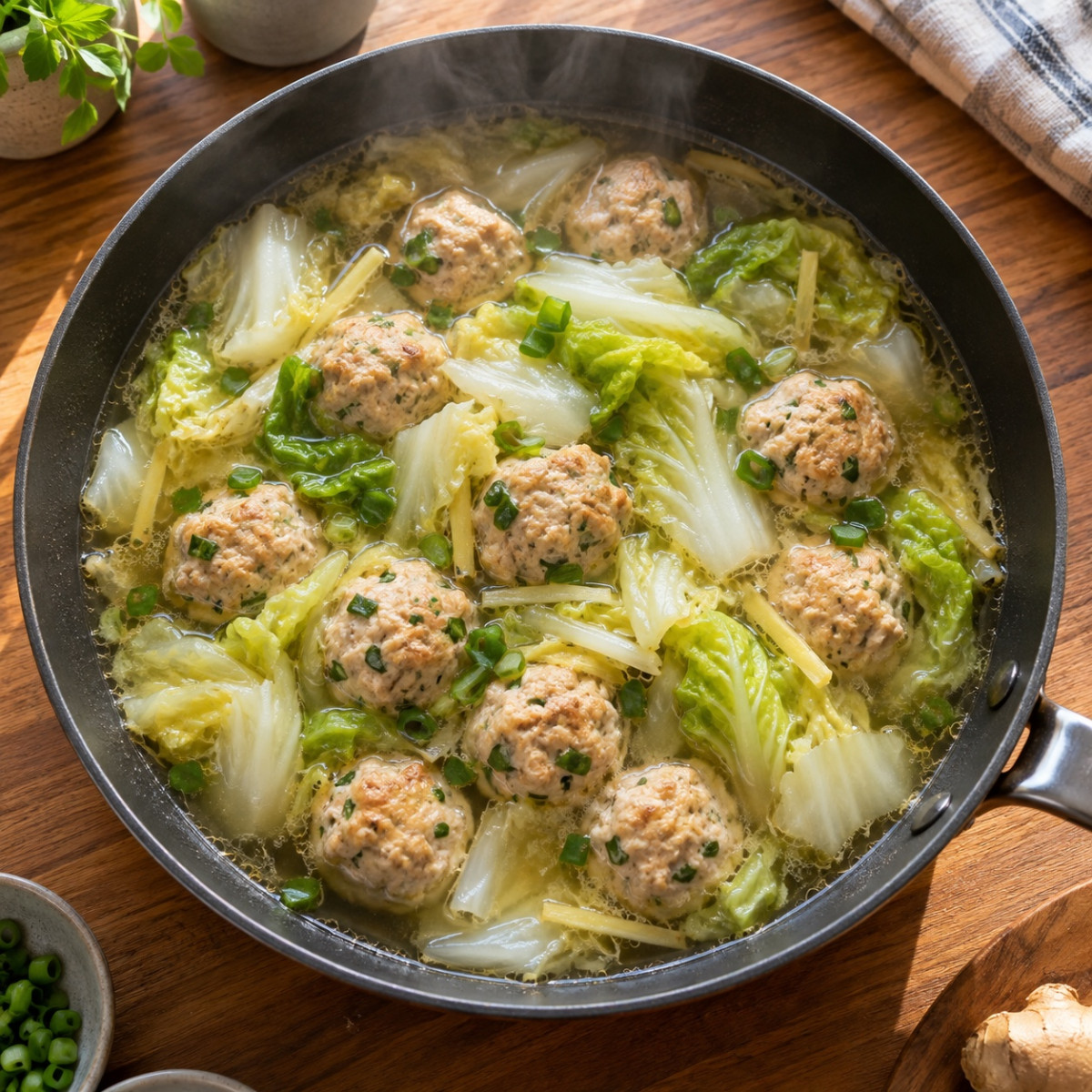 煮込み7分、フライパン1つ。白菜と鶏だんごのしょうがスープの作り方ステップ6