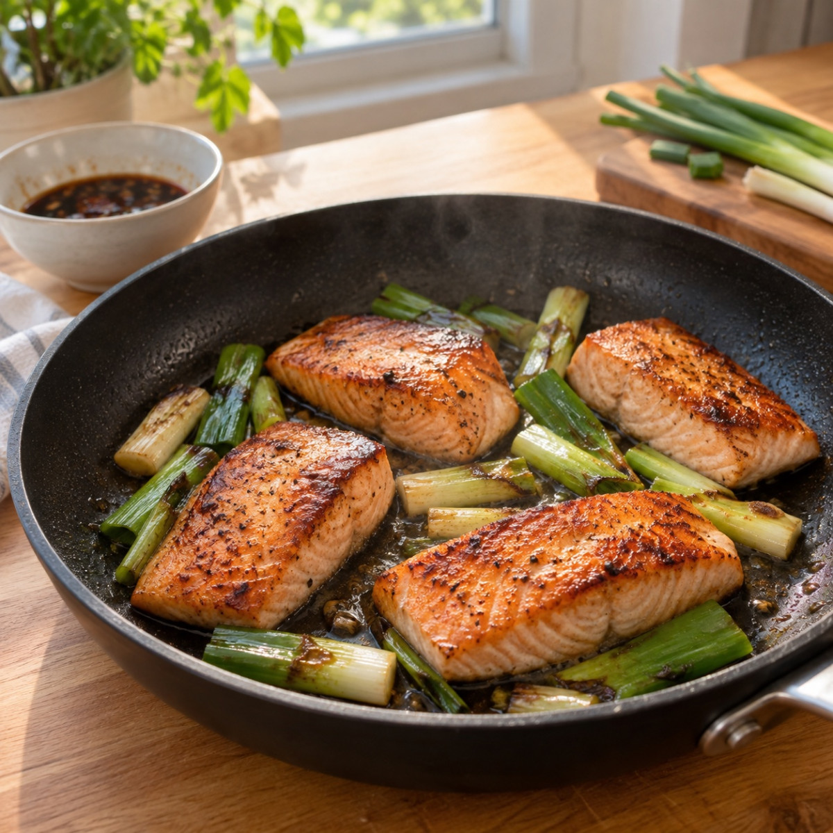 フライパン1つ15分。秋鮭と長ねぎのしょうが照り焼きの作り方ステップ3