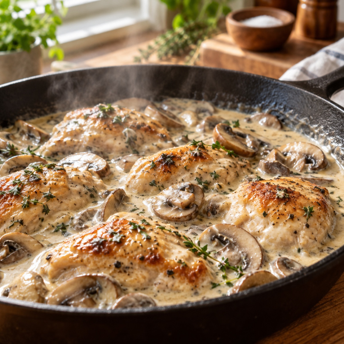 フライパン1つで20分。鶏もも肉ときのこの粒マスタード煮込みの作り方ステップ4