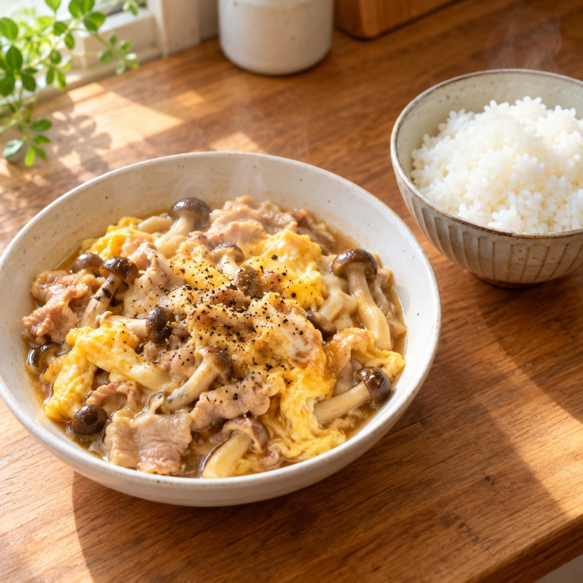 フライパン1つ10分。豚こまときのこの中華あんかけ卵とじの作り方ステップ5