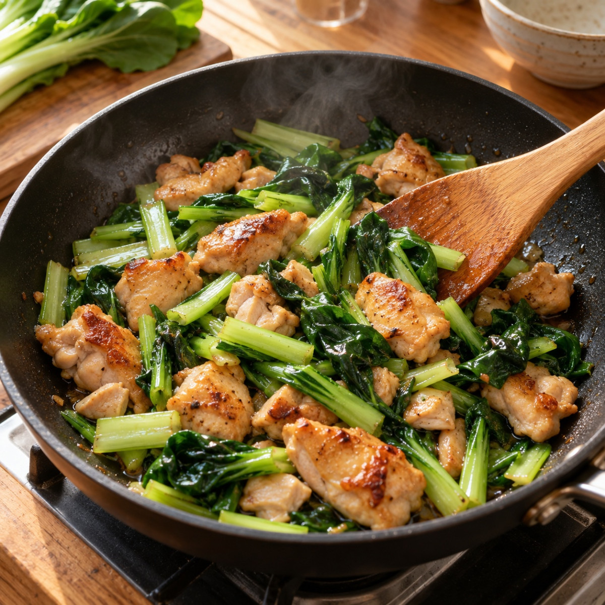 フライパン1つ15分。鶏むね肉と小松菜のにんにくバター醤油炒めの作り方ステップ4