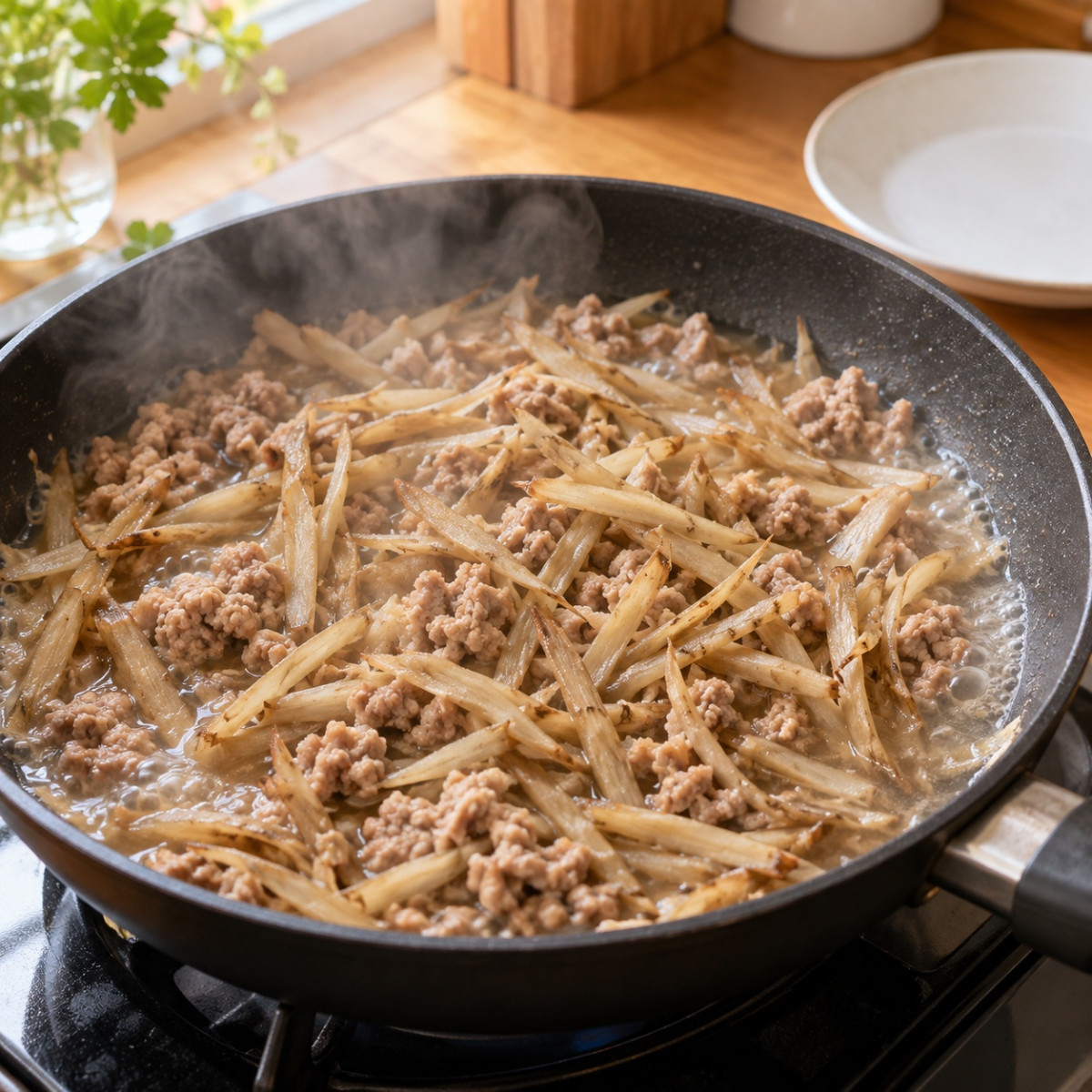 フライパン1つ15分。ごぼうとひき肉のペペロンチーノの作り方ステップ3