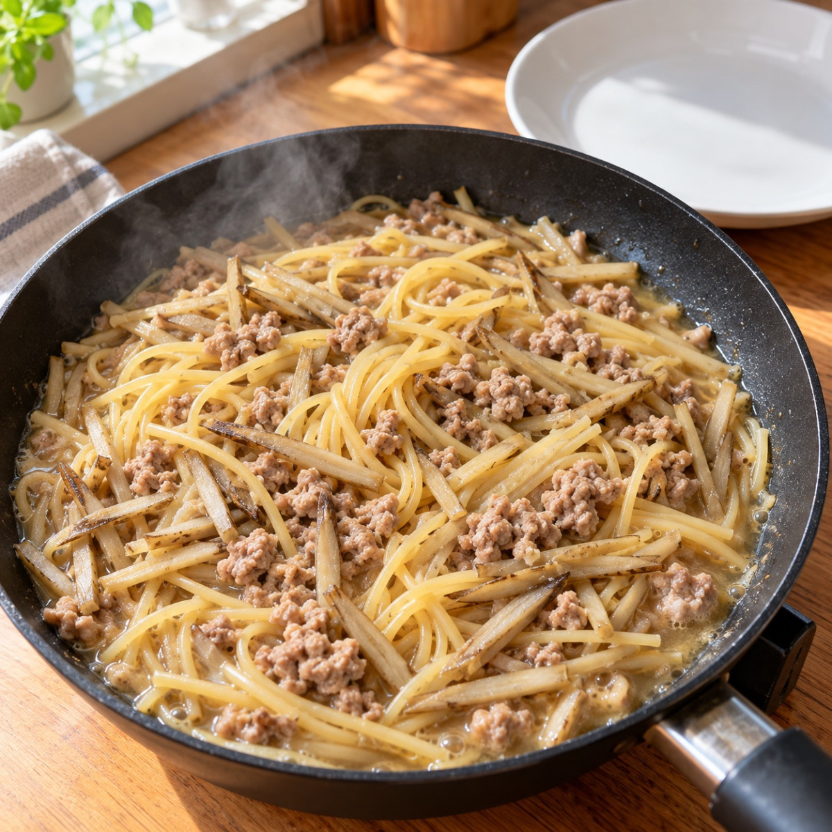 フライパン1つ15分。ごぼうとひき肉のペペロンチーノの作り方ステップ4