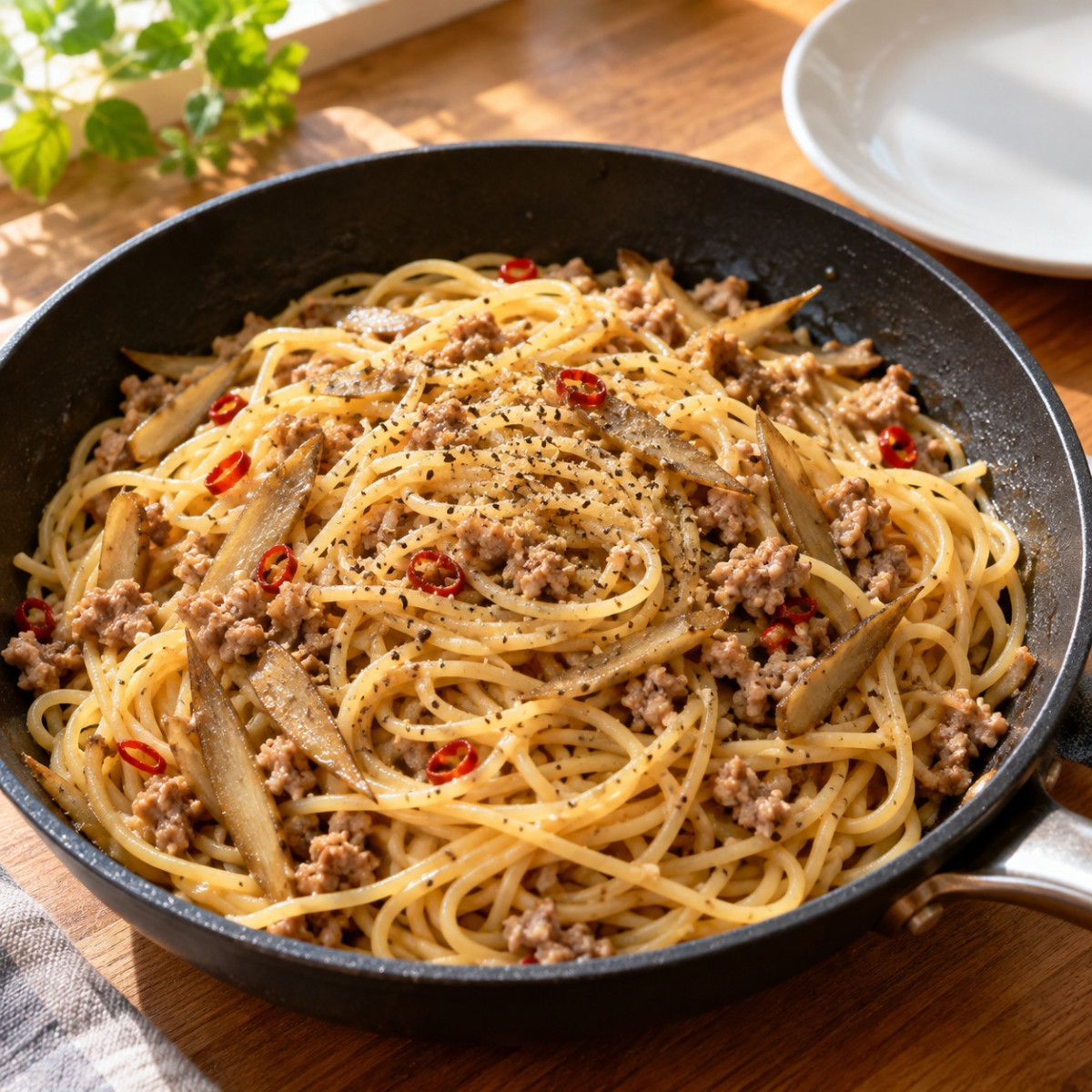 フライパン1つ15分。ごぼうとひき肉のペペロンチーノの作り方ステップ5