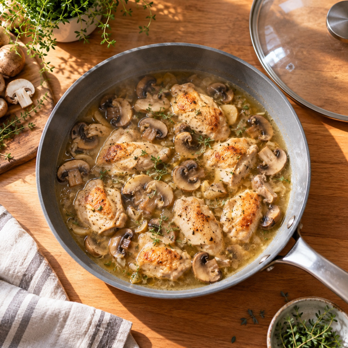 フライパン1つ15分。鶏もも肉ときのこの白ワイン風クリーム煮の作り方ステップ4