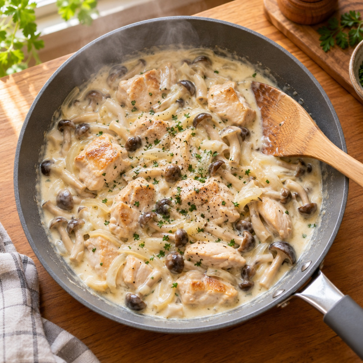 フライパン1つ15分。鶏もも肉ときのこの白ワイン風クリーム煮の作り方ステップ5