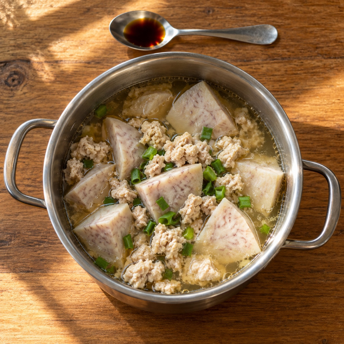 鍋1つ15分。里芋と鶏ひき肉の生姜とろみスープの作り方ステップ4